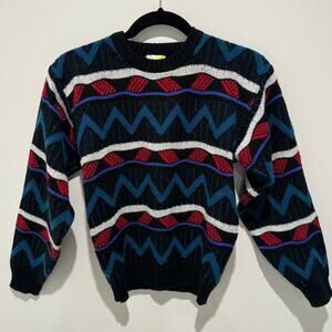 Vintage Modz Striped Zig-Zag Kids Sweater, Blue/Black/Red/White, Size MEDIUM